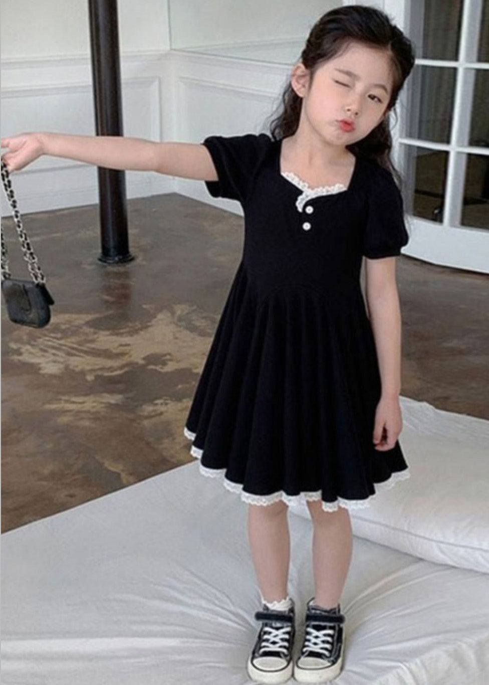 Unique Black Square Collar Lace Patchwork Button Cotton Girls Party Maxi Dress Short Sleeve LY5507 - fabuloryshop