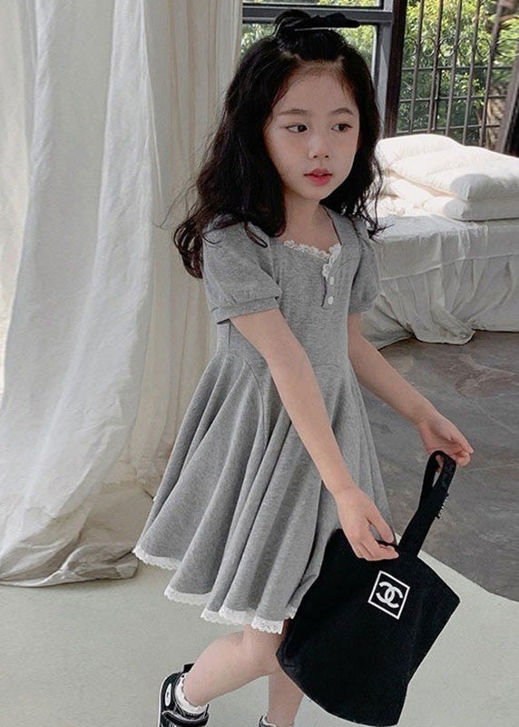 Unique Black Square Collar Lace Patchwork Button Cotton Girls Party Maxi Dress Short Sleeve LY5507 - fabuloryshop