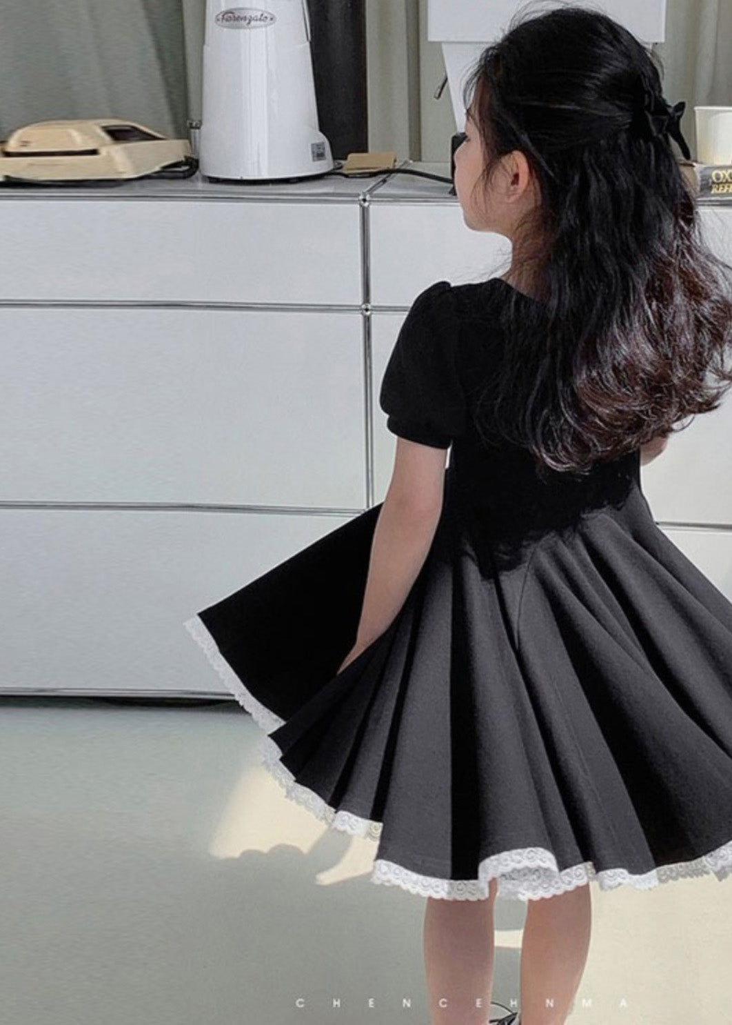 Unique Black Square Collar Lace Patchwork Button Cotton Girls Party Maxi Dress Short Sleeve LY5507 - fabuloryshop
