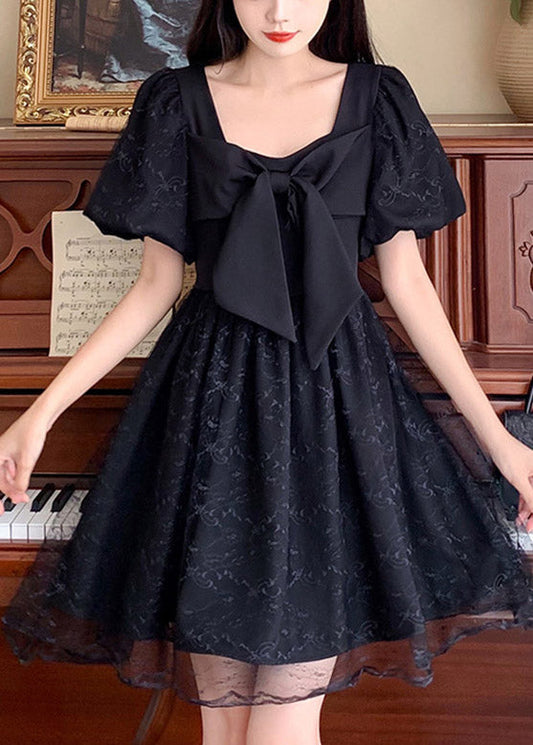 Unique Black Square Collar Patchwork Bow Tulle Mid Dresses Summer TI1014 - fabuloryshop