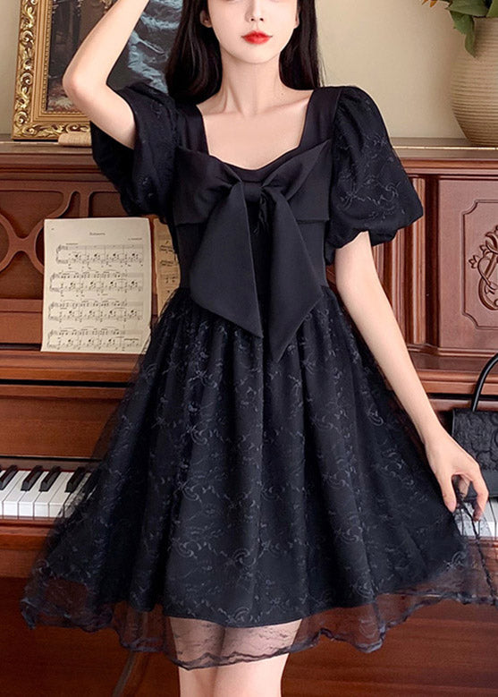 Unique Black Square Collar Patchwork Bow Tulle Mid Dresses Summer LY4517 - fabuloryshop