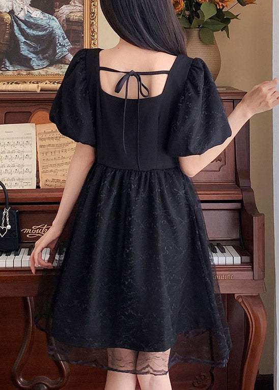 Unique Black Square Collar Patchwork Bow Tulle Mid Dresses Summer TI1014 - fabuloryshop