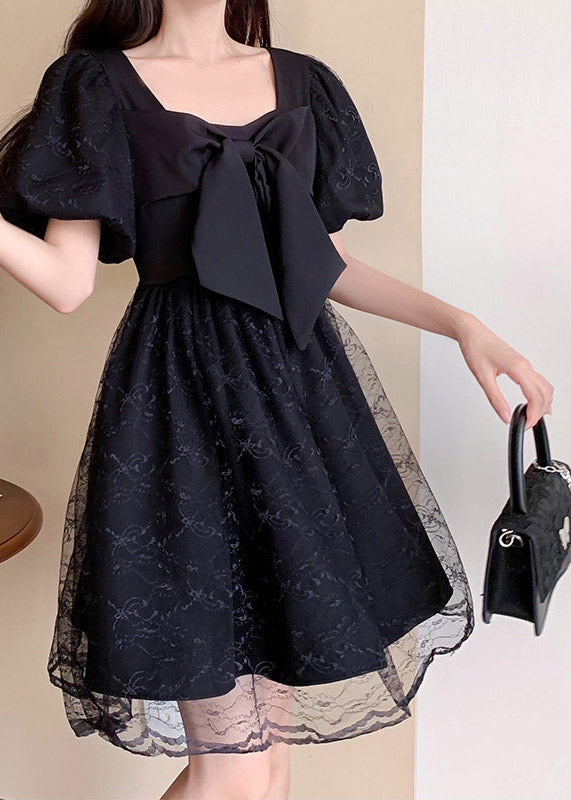 Unique Black Square Collar Patchwork Bow Tulle Mid Dresses Summer LY4517 - fabuloryshop