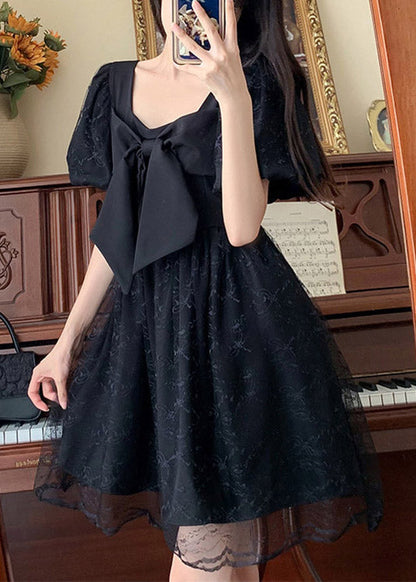 Unique Black Square Collar Patchwork Bow Tulle Mid Dresses Summer LY4517 - fabuloryshop