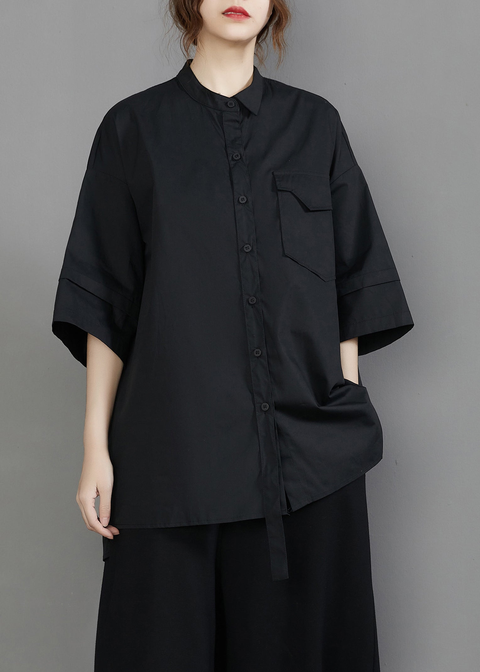 Unique Black Stand Collar Oversized Cotton Blouse Top Half Sleeve LY7344 - fabuloryshop