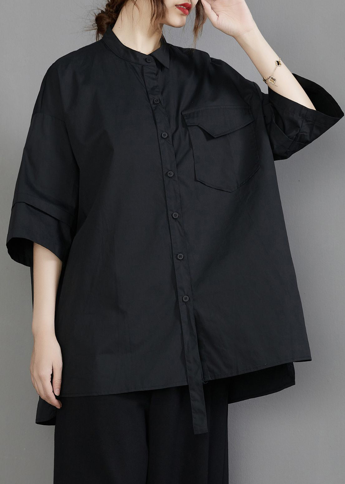 Unique Black Stand Collar Oversized Cotton Blouse Top Half Sleeve LY7344 - fabuloryshop