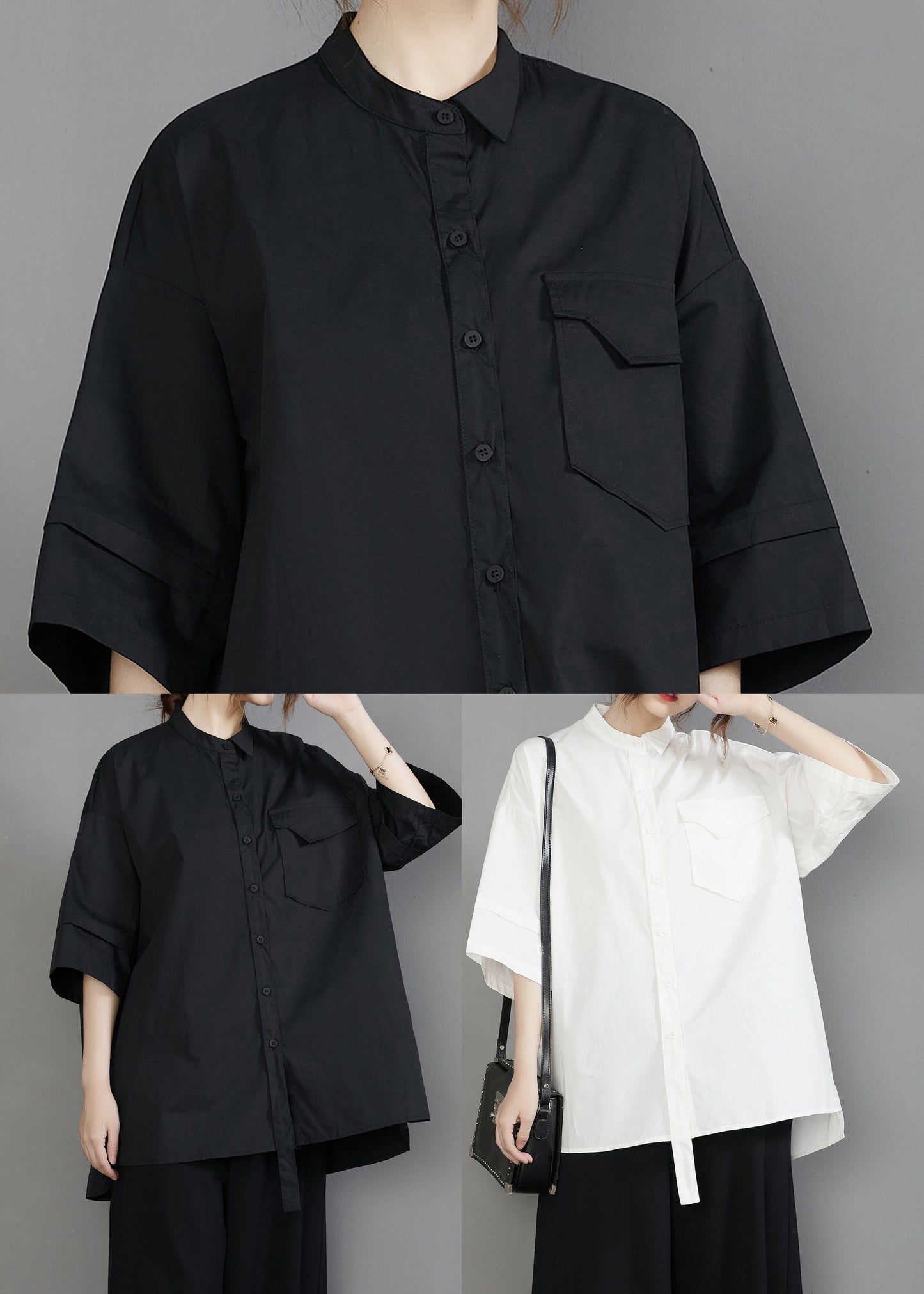 Unique Black Stand Collar Oversized Cotton Blouse Top Half Sleeve LY7344 - fabuloryshop