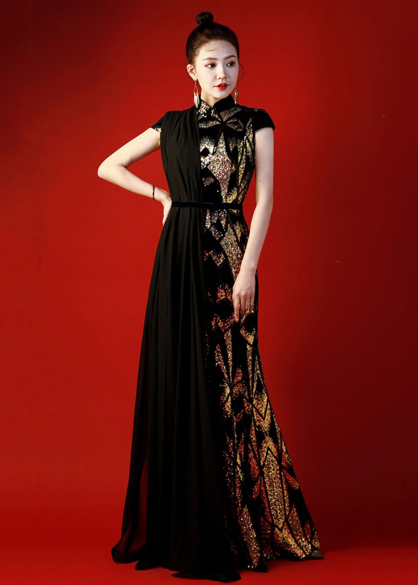 Unique Black Stand Collar Sequins Patchwork Maxi Dresses Summer Ada Fashion