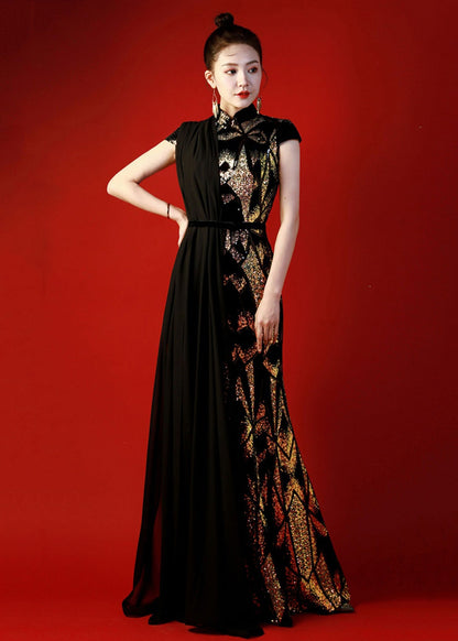 Unique Black Stand Collar Sequins Patchwork Maxi Dresses Summer Ada Fashion