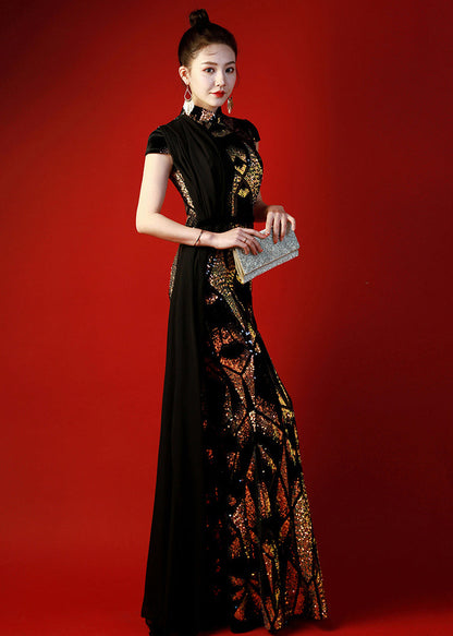 Unique Black Stand Collar Sequins Patchwork Maxi Dresses Summer Ada Fashion