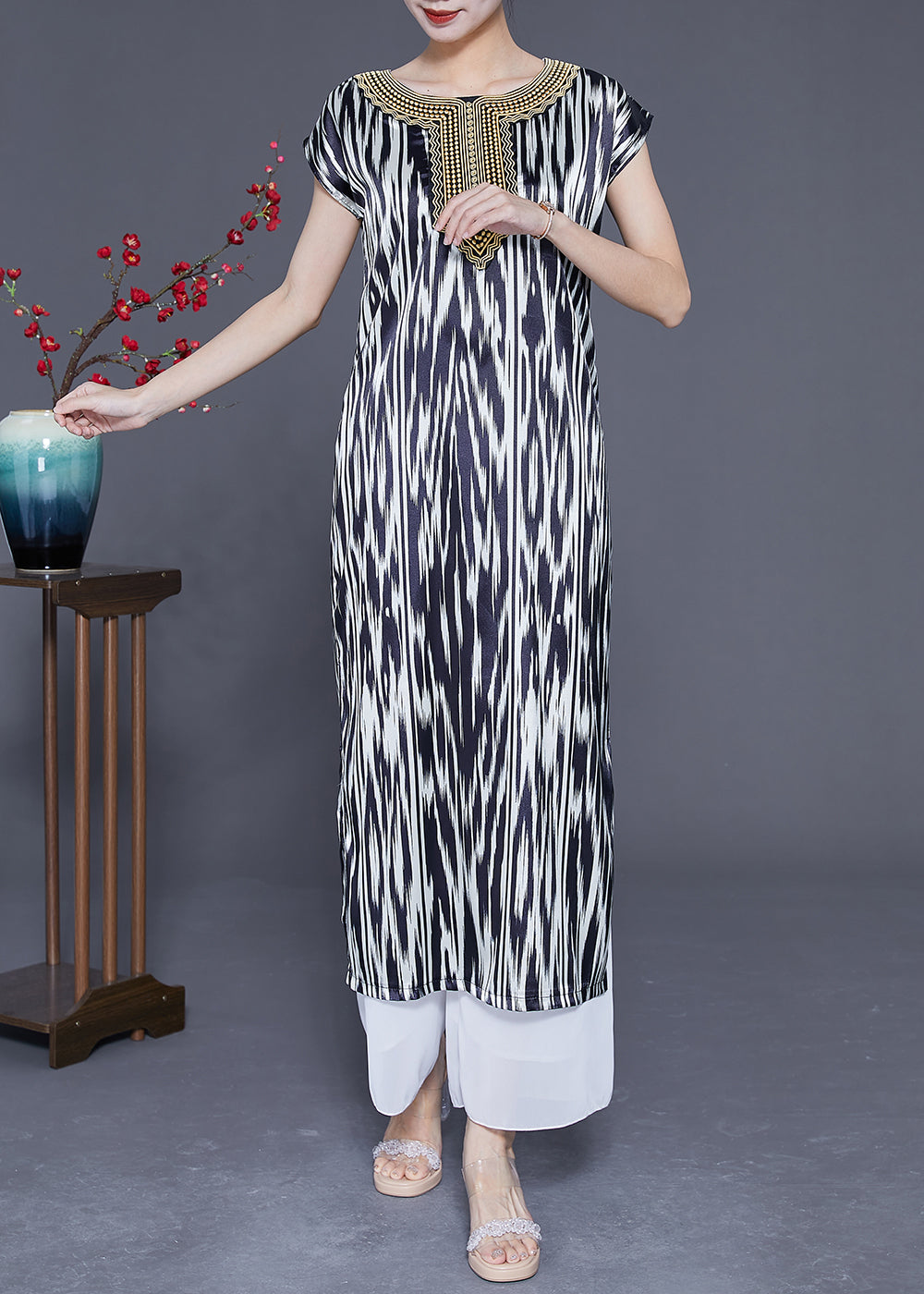 Unique Black Striped Side Open Silk Holiday Dress Summer LY3611 - fabuloryshop