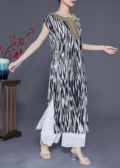 Unique Black Striped Side Open Silk Holiday Dress Summer LY3611 - fabuloryshop