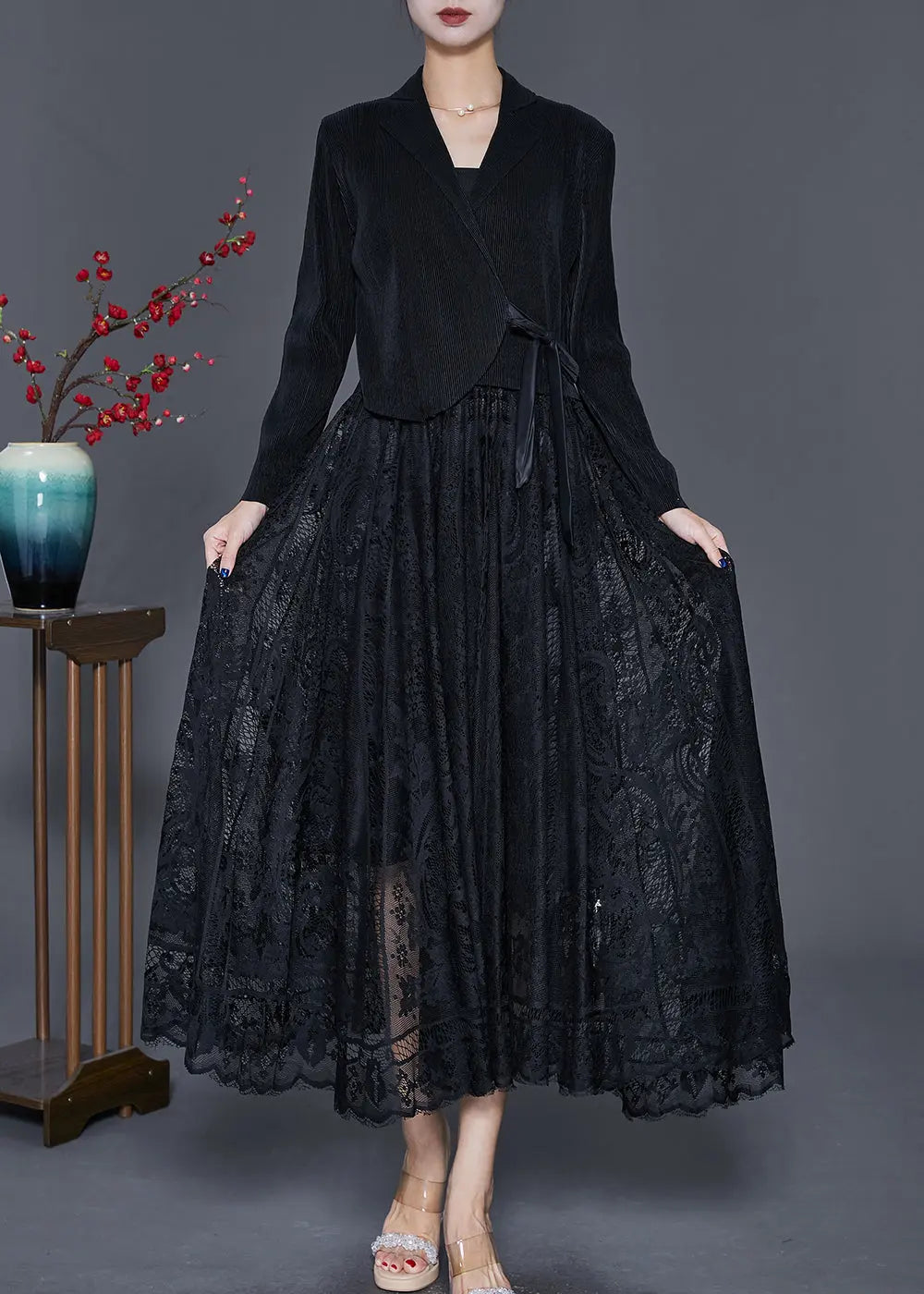 Unique Black Tie Waist Lace Patchwork Silk Velour Maxi Dresses Fall Ada Fashion