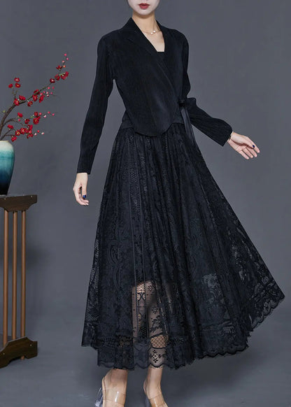 Unique Black Tie Waist Lace Patchwork Silk Velour Maxi Dresses Fall Ada Fashion