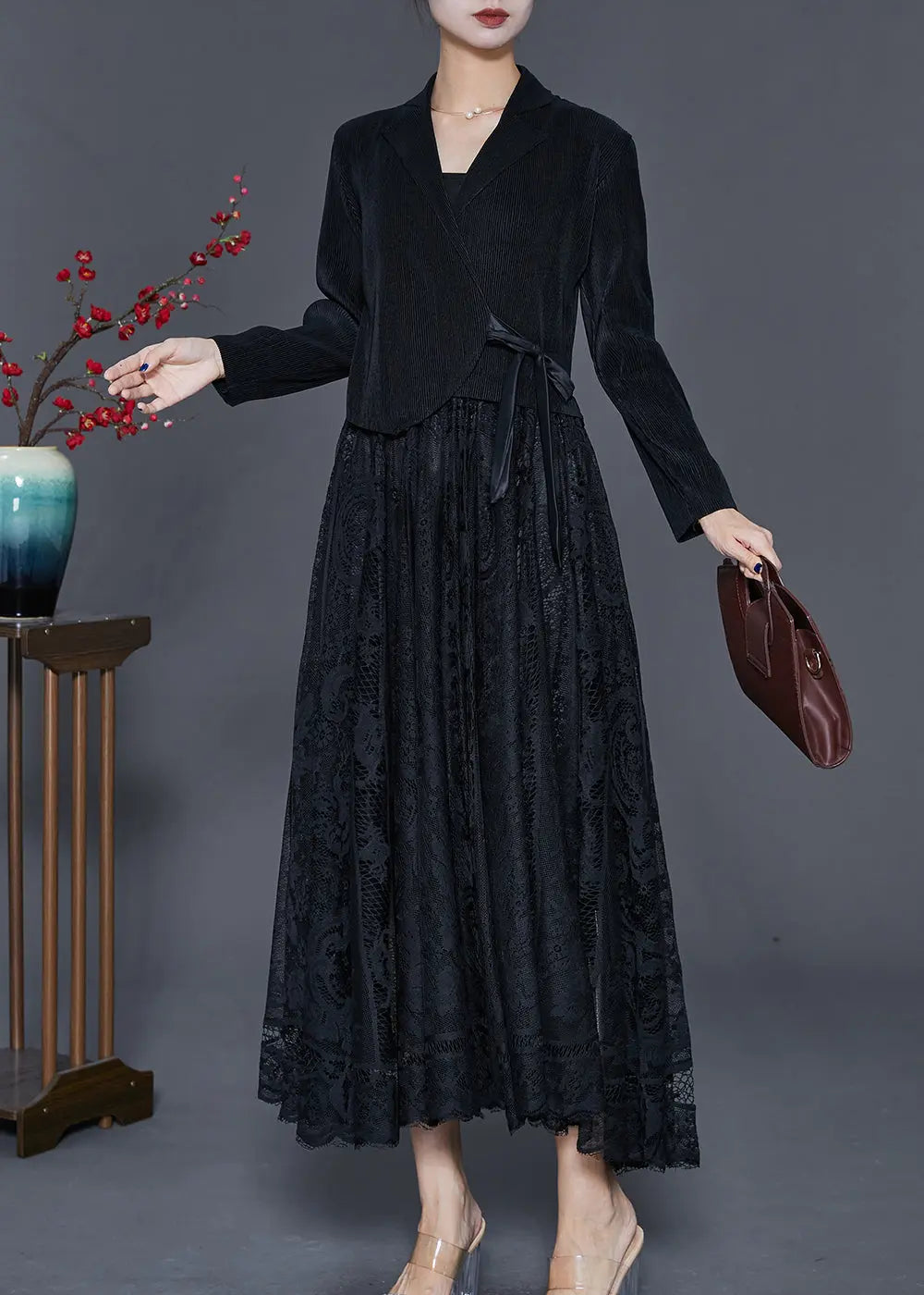 Unique Black Tie Waist Lace Patchwork Silk Velour Maxi Dresses Fall Ada Fashion