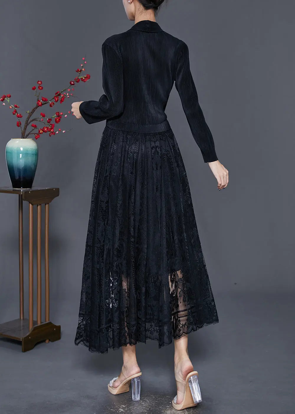 Unique Black Tie Waist Lace Patchwork Silk Velour Maxi Dresses Fall Ada Fashion