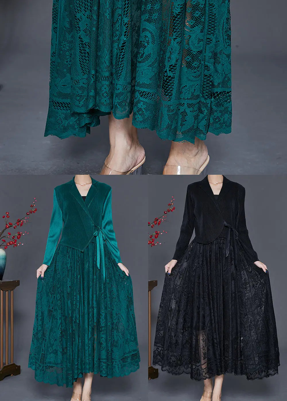 Unique Black Tie Waist Lace Patchwork Silk Velour Maxi Dresses Fall Ada Fashion