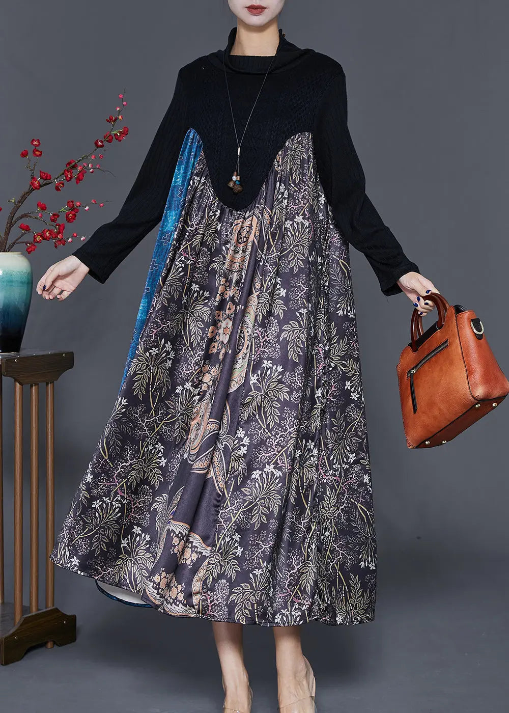 Unique Black Turtle Neck Patchwork Knit Maxi Dresses Fall Ada Fashion