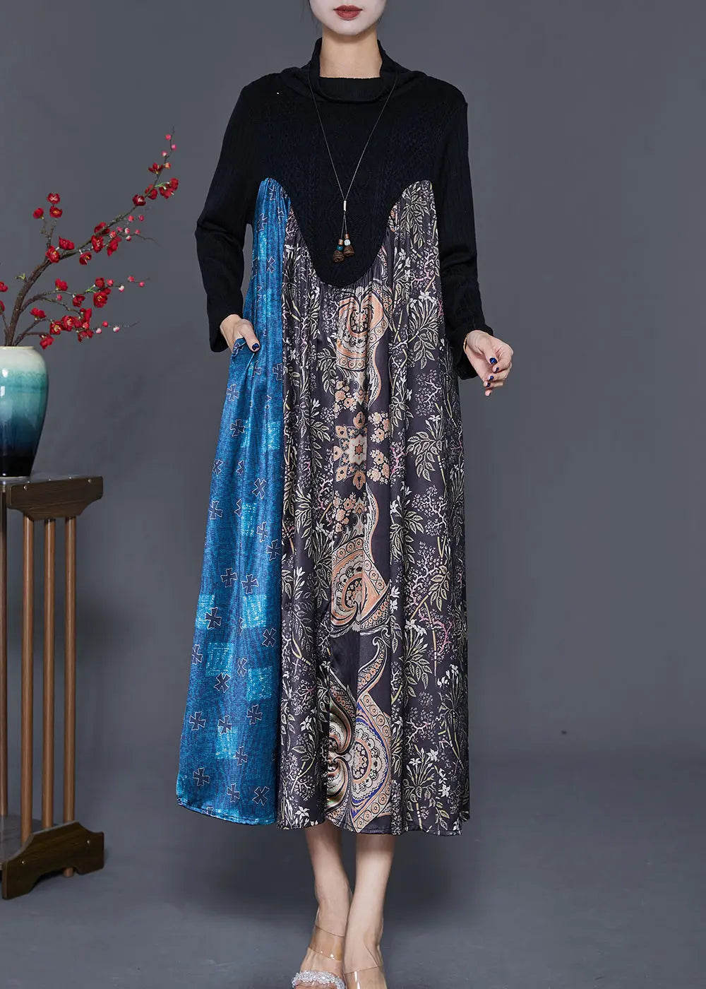 Unique Black Turtle Neck Patchwork Knit Maxi Dresses Fall Ada Fashion