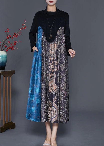 Unique Black Turtle Neck Patchwork Knit Maxi Dresses Fall Ada Fashion