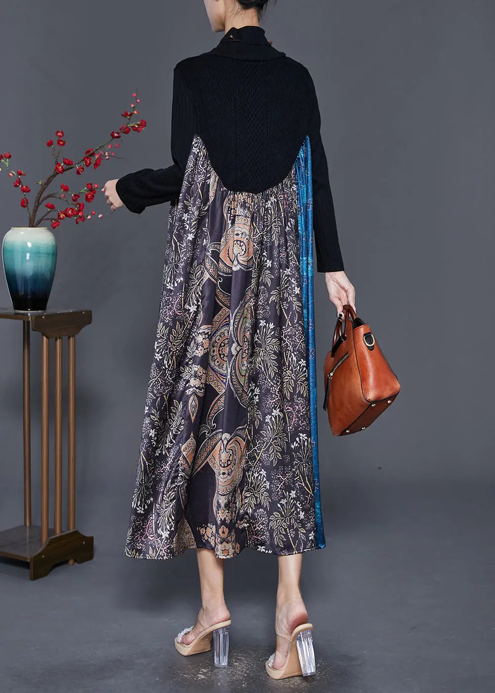 Unique Black Turtle Neck Patchwork Knit Maxi Dresses Fall Ada Fashion