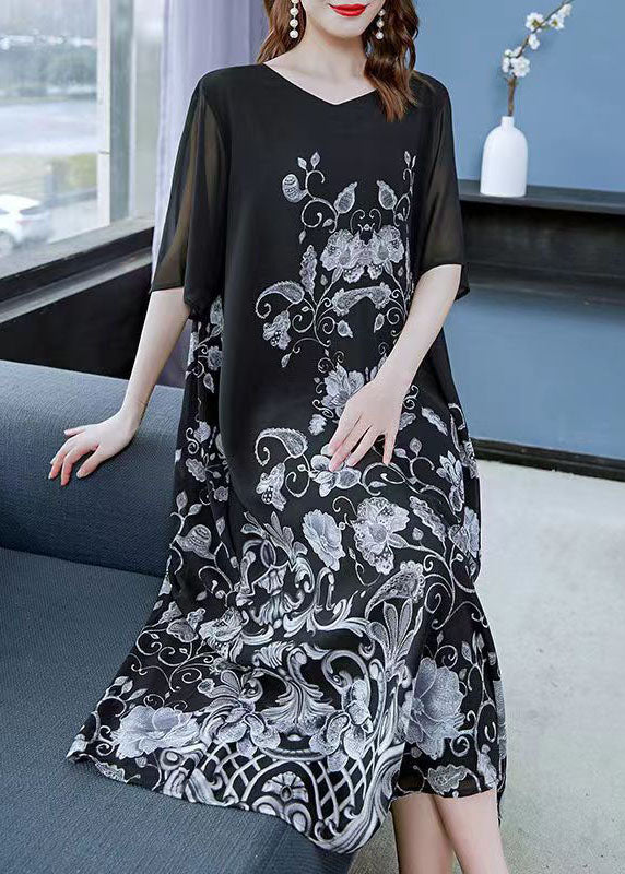 Unique Black V Neck Print Patchwork Chiffon Dress Summer Ada Fashion