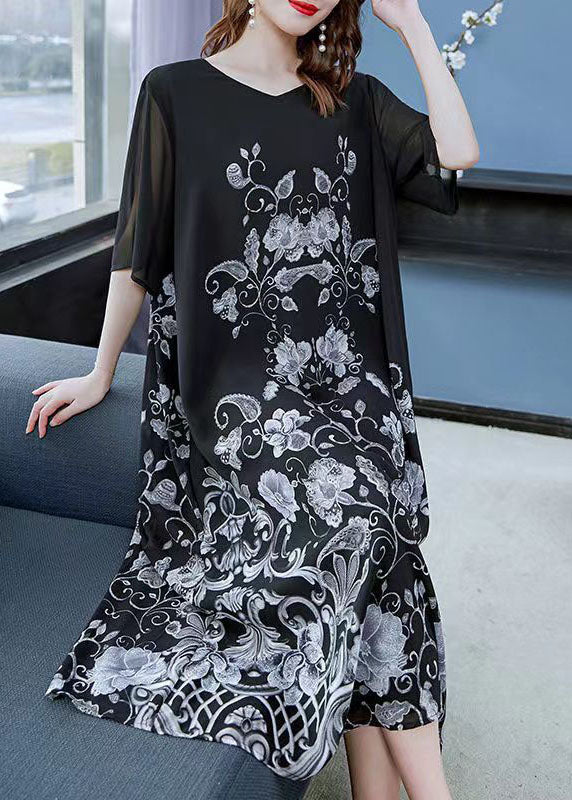 Unique Black V Neck Print Patchwork Chiffon Dress Summer Ada Fashion