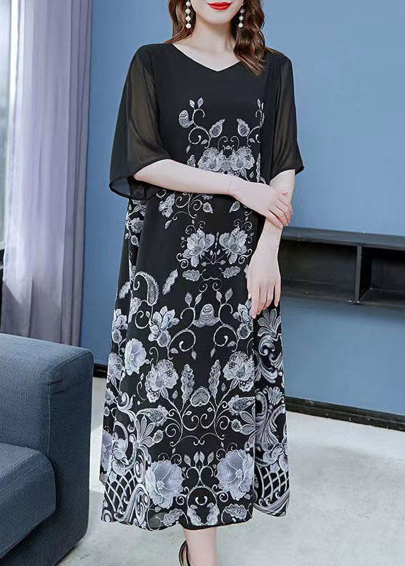 Unique Black V Neck Print Patchwork Chiffon Dress Summer Ada Fashion