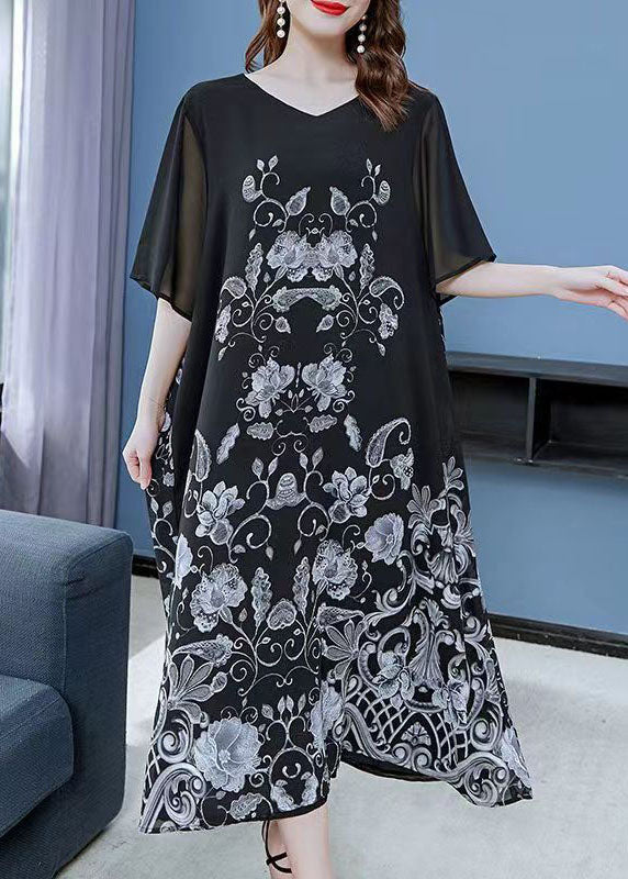 Unique Black V Neck Print Patchwork Chiffon Dress Summer Ada Fashion