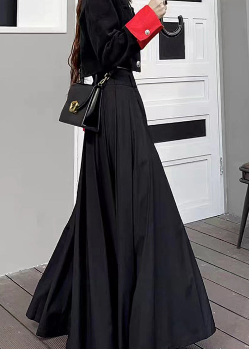 Unique Black Wrinkled High Waist Patchwork Cotton Pleated Skirt Fall Ada Fashion