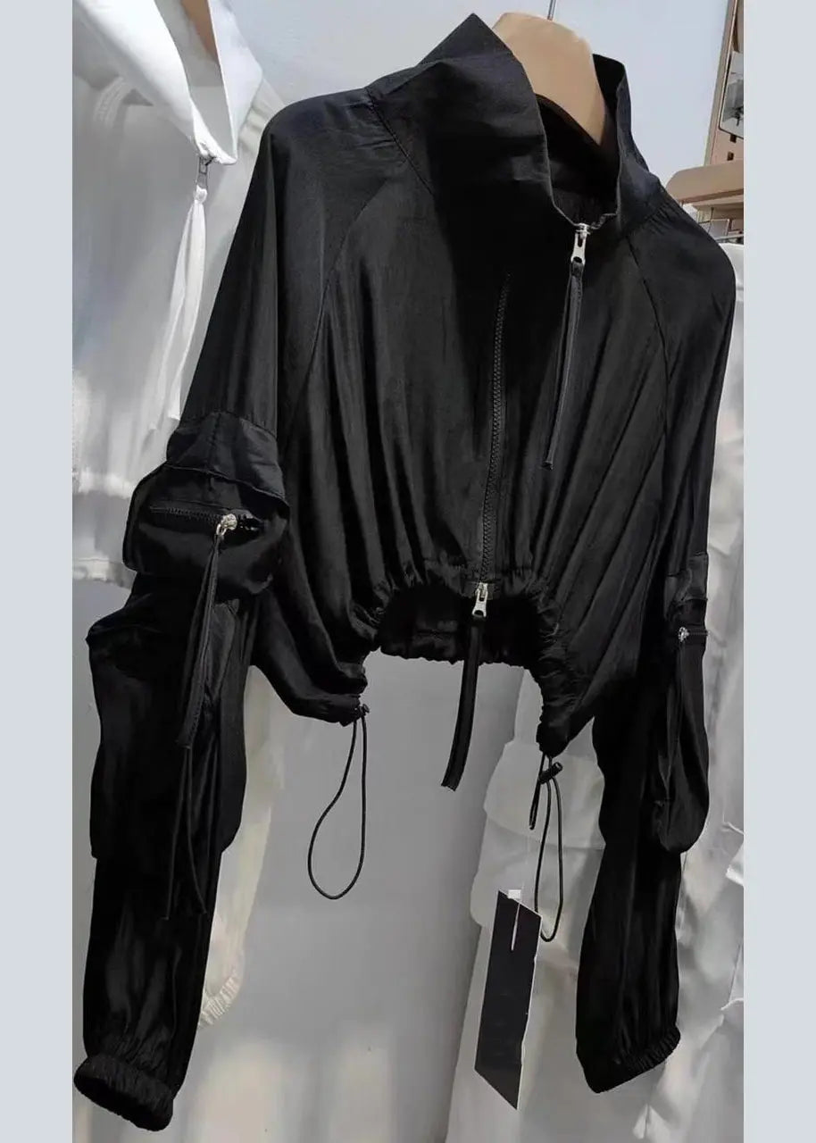 Unique Black Zip Up Drawstring Patchwork Cotton Coats Fall Ada Fashion