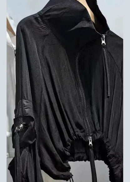 Unique Black Zip Up Drawstring Patchwork Cotton Coats Fall Ada Fashion