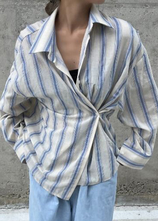 Unique Blue Asymmetrical Design Striped Cotton Shirt Top Spring LY2569 - fabuloryshop