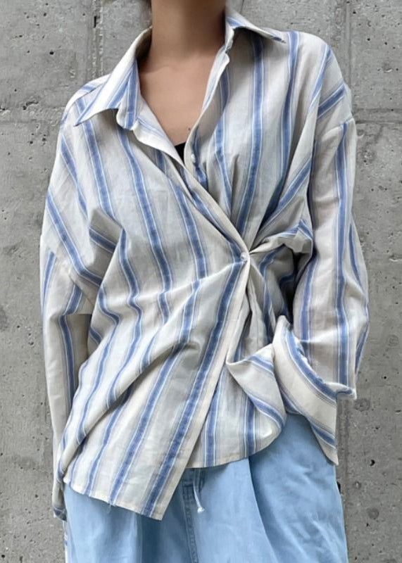 Unique Blue Asymmetrical Design Striped Cotton Shirt Top Spring LY2569 - fabuloryshop