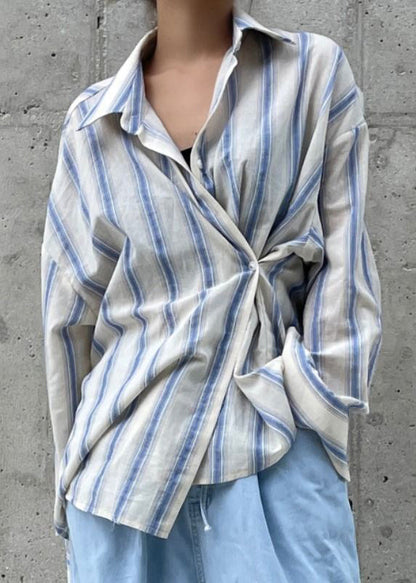 Unique Blue Asymmetrical Design Striped Cotton Shirt Top Spring LY2569 - fabuloryshop