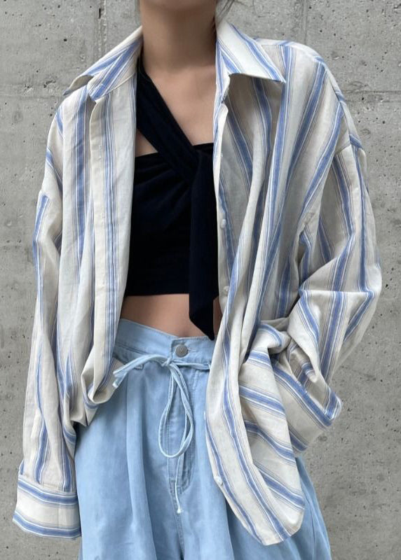 Unique Blue Asymmetrical Design Striped Cotton Shirt Top Spring LY2569 - fabuloryshop