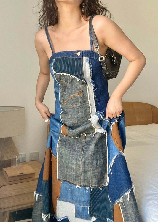 Unique Blue Asymmetrical Patchwork Denim Spaghetti Strap Dress Summer Ada Fashion