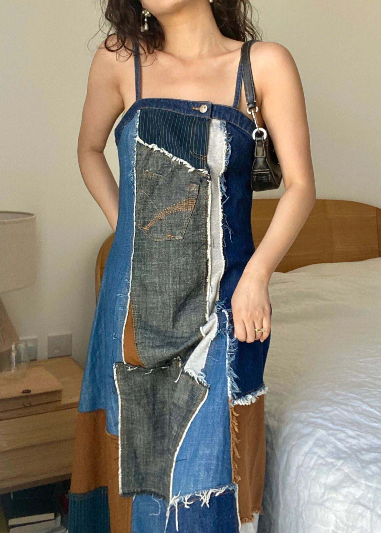 Unique Blue Asymmetrical Patchwork Denim Spaghetti Strap Dress Summer Ada Fashion