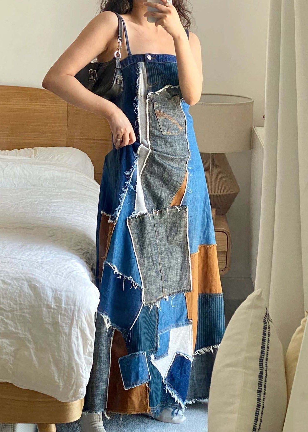 Unique Blue Asymmetrical Patchwork Denim Spaghetti Strap Dress Summer Ada Fashion