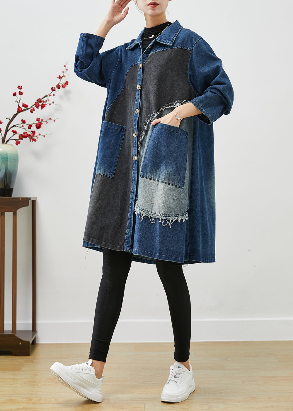 Unique Blue Asymmetrical Patchwork Denim Trench Coats Fall Ada Fashion