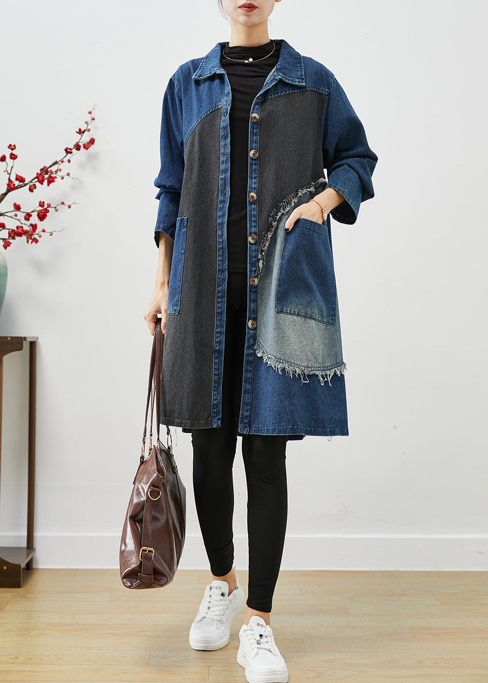 Unique Blue Asymmetrical Patchwork Denim Trench Coats Fall Ada Fashion