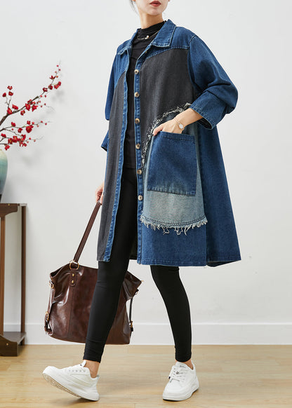 Unique Blue Asymmetrical Patchwork Denim Trench Coats Fall Ada Fashion