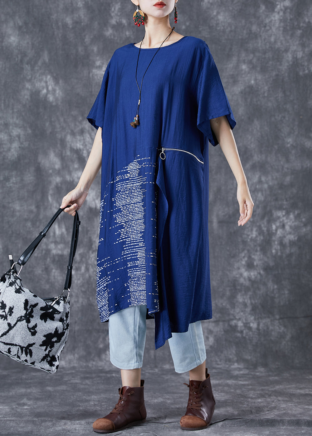 Unique Blue Asymmetrical Patchwork Zippered Cotton Dresses Summer TA1068 - fabuloryshop