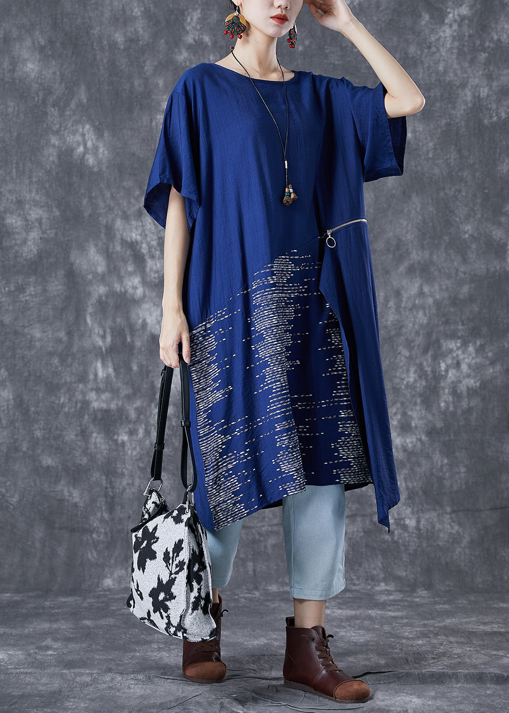 Unique Blue Asymmetrical Patchwork Zippered Cotton Dresses Summer TA1068 - fabuloryshop