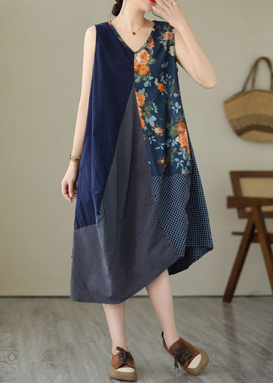 Unique Blue Asymmetrical Print Patchwork Linen Exra Large Hem Dress Sleeveless LY3952 - fabuloryshop