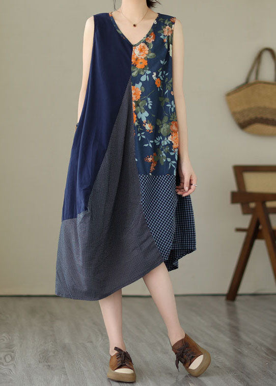 Unique Blue Asymmetrical Print Patchwork Linen Exra Large Hem Dress Sleeveless LY3952 - fabuloryshop