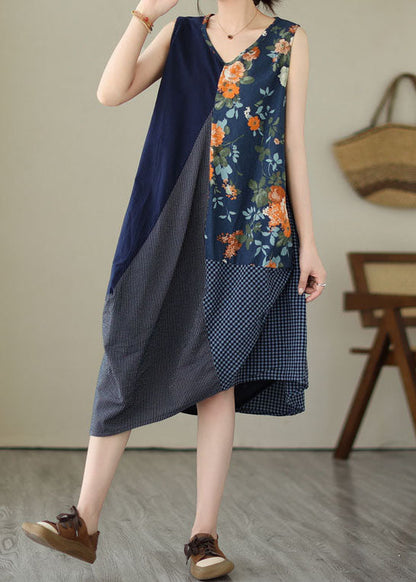 Unique Blue Asymmetrical Print Patchwork Linen Exra Large Hem Dress Sleeveless LY3952 - fabuloryshop