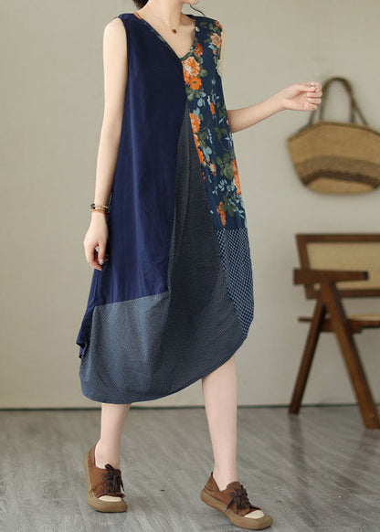 Unique Blue Asymmetrical Print Patchwork Linen Exra Large Hem Dress Sleeveless LY3952 - fabuloryshop