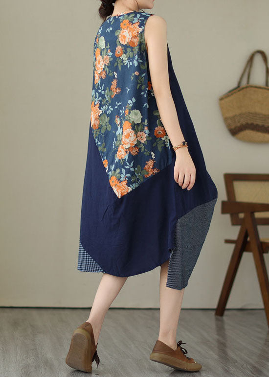 Unique Blue Asymmetrical Print Patchwork Linen Exra Large Hem Dress Sleeveless LY3952 - fabuloryshop