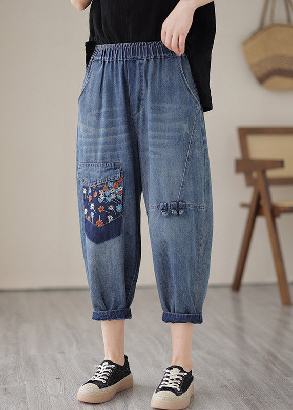 Unique Blue Elastic Waist Embroideried Patchwork Crop Pants Summer LY2993 - fabuloryshop